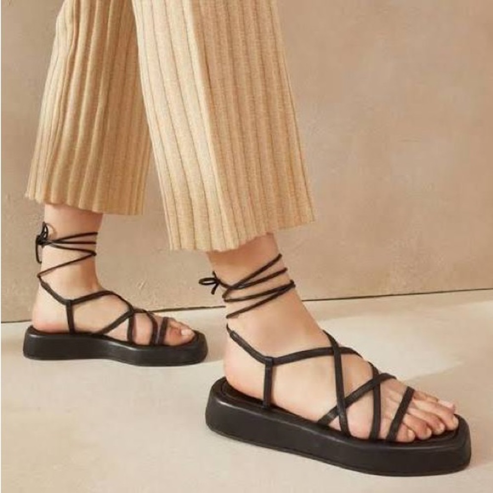 Loeffler Randall Beau Flat Platform Sandal Black Leather 10 BNIB!